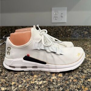 On cloud White Sneakers with Black Accents ladies 8